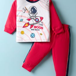 CUCUMBER Sinker Knit Full Sleeves T-Shirt & Lounge Pant Set with Space Theme Print - Red-picture-17