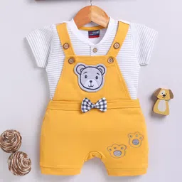 Jb Club Cotton Half Sleeves Cat Face And Bow Printed Dungaree With Tee Set - Yellow-picture-30