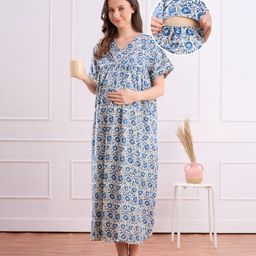 Bella Mama Cotton Woven Half Sleeves Maternity Nursing Nighty With Floral Print - Blue-picture-28