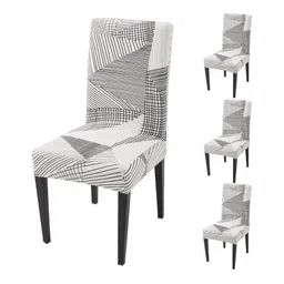 HOKIPO 4 Pcs White & Black Printed 140 GSM  Fully Covered Chair Cover-7