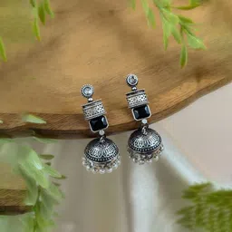NAMAN ARTS Silver-Plated Artificial Stones Studded and Beaded Dome Shaped Oxidised Jhumkas-33