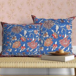 AAZEEM Blue & Red Set of 2 Floral Velvet Square Cushion Covers-6