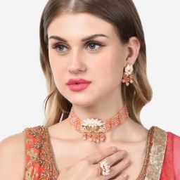 Zaveri Pearls Orange Peach Meenakari Lotus Multistrand Choker Necklace Earring Ring Set-ZPFK14759-image-91