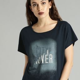 Roadster Women Navy Blue Printed Round Neck Boxy Pure Cotton T-shirt-image-35