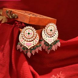 Zaveri Pearls Pink Green Lotus Enamel Crystal Ethnic Drop Earrings-ZPFK16474-image-46
