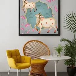 999Store Grey & Green Ornamental Cow and Lotus Flower Canvas Wall Art-image-42