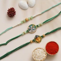 eCraftIndia Pearl, Floral & Lord Krishna Rakhis with Roli Chawal Pack - Set of 3-36