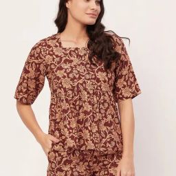 Moomaya Brown Floral Print Top With Shorts-image-88