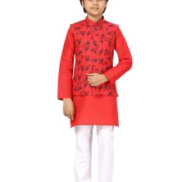 Aarika Kids Red & White Floral Print Full Sleeves Kurta, Waistcoat with Pyjamas-image-55