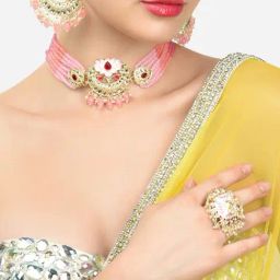 Zaveri Pearls Pink Meenakari Lotus Design Multistrand Beaded Choker Necklace Earring & Ring Set-ZPFK13806-23