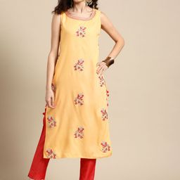 Sangria Women Yellow Floral Embroidered Sequinned Kurta with Trousers-image-46