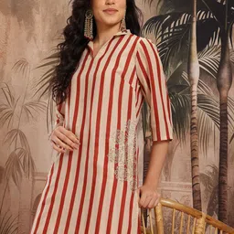 Sangria Vertically Striped Zari & Sequinned Detail Straight Kurti with Palazzos-picture-38