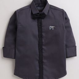 Polka Tots Full Sleeve Party Wear Reverse Collar Placket With Bow T-Shirt - Grey-image-2