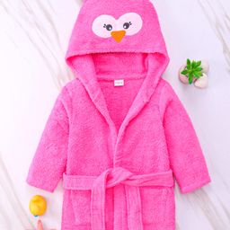 Babyhug Woven Terry Full Sleeves Hooded Bath Robe Owl Design - Pink-image-23