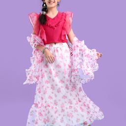 Pine Kids Half Sleeves Choli & Tiered Lehenga  with Dupatta Floral Print - Pink-picture-15
