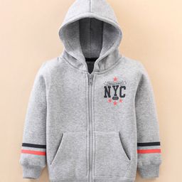Doreme Fleece Full Sleeves Hooded Sweat Jacket Text Print- Grey-image-33