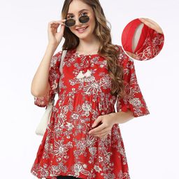 Bella Mama Viscose Woven Flutter Sleeves Maternity Top with Pocket Floral Print- Red-image-25