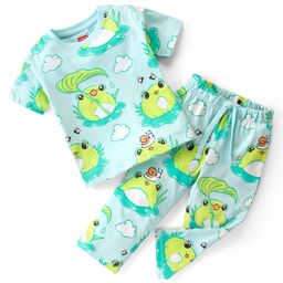 Babyhug Cotton Knit Single Jersey Half Sleeves Night Suit With Frog Print - Green & Blue-image-88