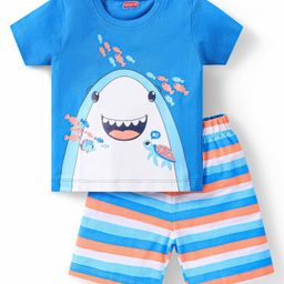 Babyhug Single Jersey Knit Half Sleeves Night Suit Shark Print - Blue-image-81