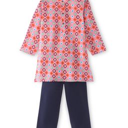 Babyhug Cotton Woven Cambric Full Sleeves Kurta Pyjama Set Square Print - Pink-image-10