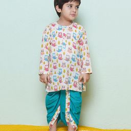 AJ Dezines Cotton Full Sleeves Owl Printed Dhoti Kurta Set - Teal-picture-22