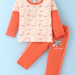 Tango Single Jersey Knit Full Sleeves T-Shirt & Lounge Pants Set With Soccer Print - Beige-image-65
