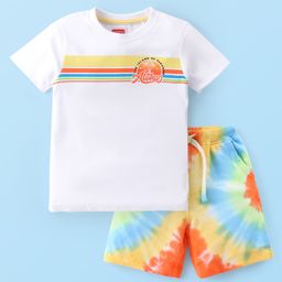 Babyhug Cotton Knit Half Sleeves Striped T-Shirt & Tie-Dye Shorts Set - White-picture-19