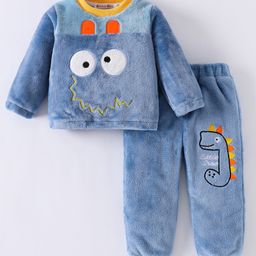 Kookie Kids Full Sleeves T-Shirt & Lounge Pants Winter Wear Set With Dino Embroidery - Blue-image-15