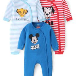 Babyhug Disney Cotton Knit Full Sleeves Striped Sleep Suits With Lion King Mickey Mouse & 101 Dalmatians Graphics Pack Of 3 - Blue & Red-image-13