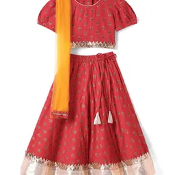 Saka Designs Rayon Woven Puffed Sleeves Choli Lehenga Set with Floral Foil Print Lace Detailing & Dupatta- Red and Golden-picture-6