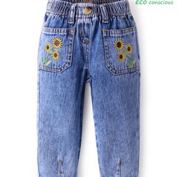 Babyoye Eco Conscious 100% Cotton Woven Full Length Washed Jeans with Floral Embroidery - Blue-image-35