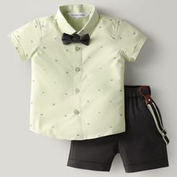 Mark & Mia Cotton Woven Half Sleeves Printed Shirt & Shorts Set with Bow & Suspender - Light Green & Black-image-11