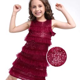 Hola Bonita Knit Sleeveless Party Glitter Mesh Dress With Sequin & Frill Detailing - Maroon-picture-16