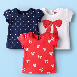 Babyhug Cotton Knit Half Sleeves T-Shirts with Polka Dots & Bow Print Pack of 3 - Red Navy Blue & White-image-88