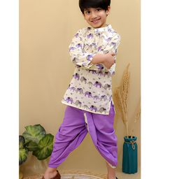 Superminis Cotton Full Sleeves Patola Printed Dhoti Kurta Set - Purple & Lemon-image-62