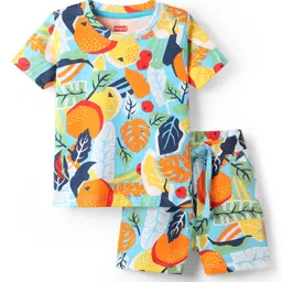 Babyhug Single Jersey Knit Half Sleeves T-Shirt & Shorts Co-ord Set with Tropical Print - Blue Light-picture-21