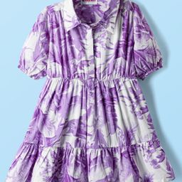 Kookie Kids Cambric Woven Half Sleeves Collared Printed Frock - Purple & White-image-74