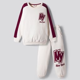 Primo Gino 100% Cotton Knit French Terry Oversized Drop Shoulder Full Sleeves Color Block Sweatshirt and Jogger Set With New York Text Print- White & Maroon-picture-33