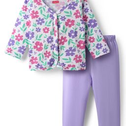 Babyhug Single Jersey Knit Full Sleeves Front Open Top & Trouser Set With Floral Print - White & Purple-image-70