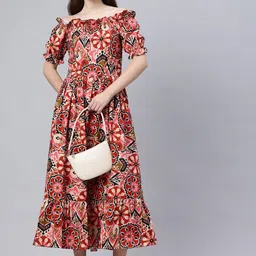 Swishchick Floral Print Off-Shoulder Puff Sleeve Fit & Flare Midi Dress-image-83