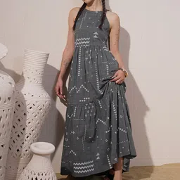 Vara By Vishudh Chambray Printed Tiered Maxi Dress-3