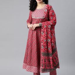 KALINI Women Pink Floral Printed Gotta Patti Pure Cotton Kurta with Trousers & Dupatta-picture-56