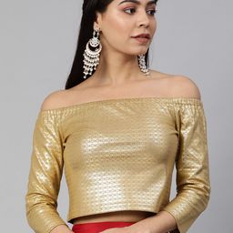 Global Desi Women Beige & Gold-Toned Printed Cropped Bardot Top-image-92