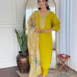 KALINI Women Yellow Silk Blend Kurta With Trousers & Dupatta-28