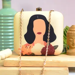 ARTKLIM Beige Printed Box Clutch-44