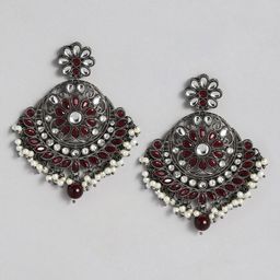 I Jewels Maroon & White Oxidized Silver Plated Kundan & Stone Studded Chandbali-18