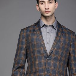 Peter England Elite Men Blue & Yellow Checked Single-Breasted Slim-Fit Formal Blazer-55