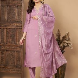 Growdamy Women Floral Embroidered Regular Kurta with Trousers & With Dupatta-image-33