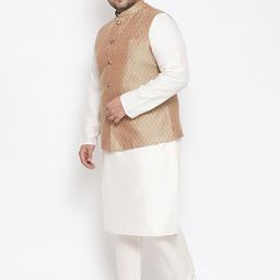 KISAH PLUS Men White & Peach-Coloured Solid Kurta with Churidar & Nehru Jacket image 5