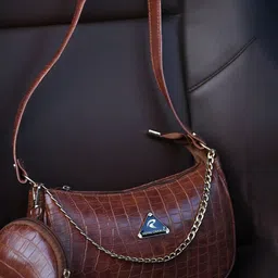 ROYAL CHAALS Women Textured Baguette Zip Detail Shoulder Bag with Pouch-10